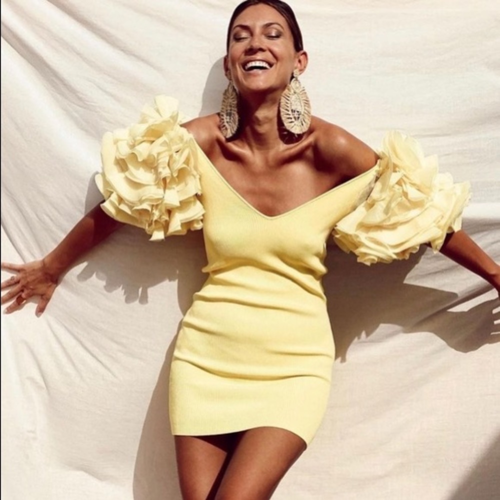 ZARA yellow knit mini dress organza ruffle puffy sleeves